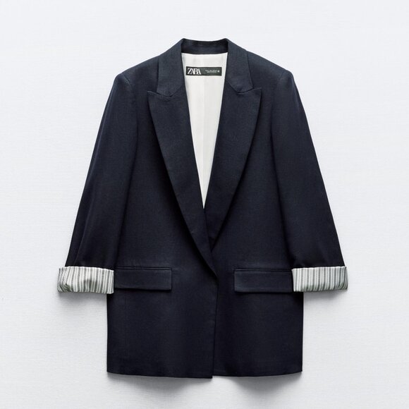 Zara Navy Linen Blend Open Front Blazer USA M NWT - Picture 2 of 4